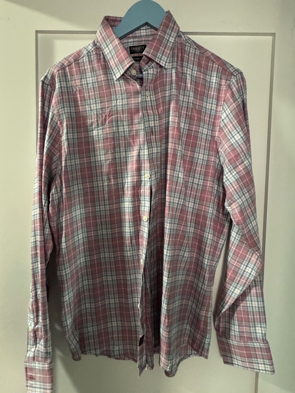 Faherty Pink and White Plaid Button-Down Shirt movement